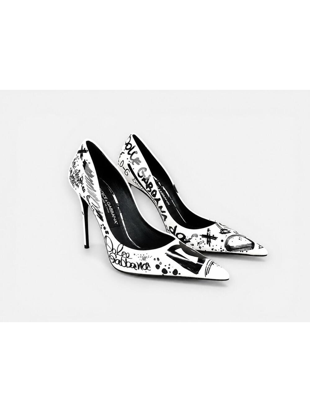 Dolce & Gabbana CD01718 Graffiti Patent Slingback Pump Black White EU 37.5 | NIB
